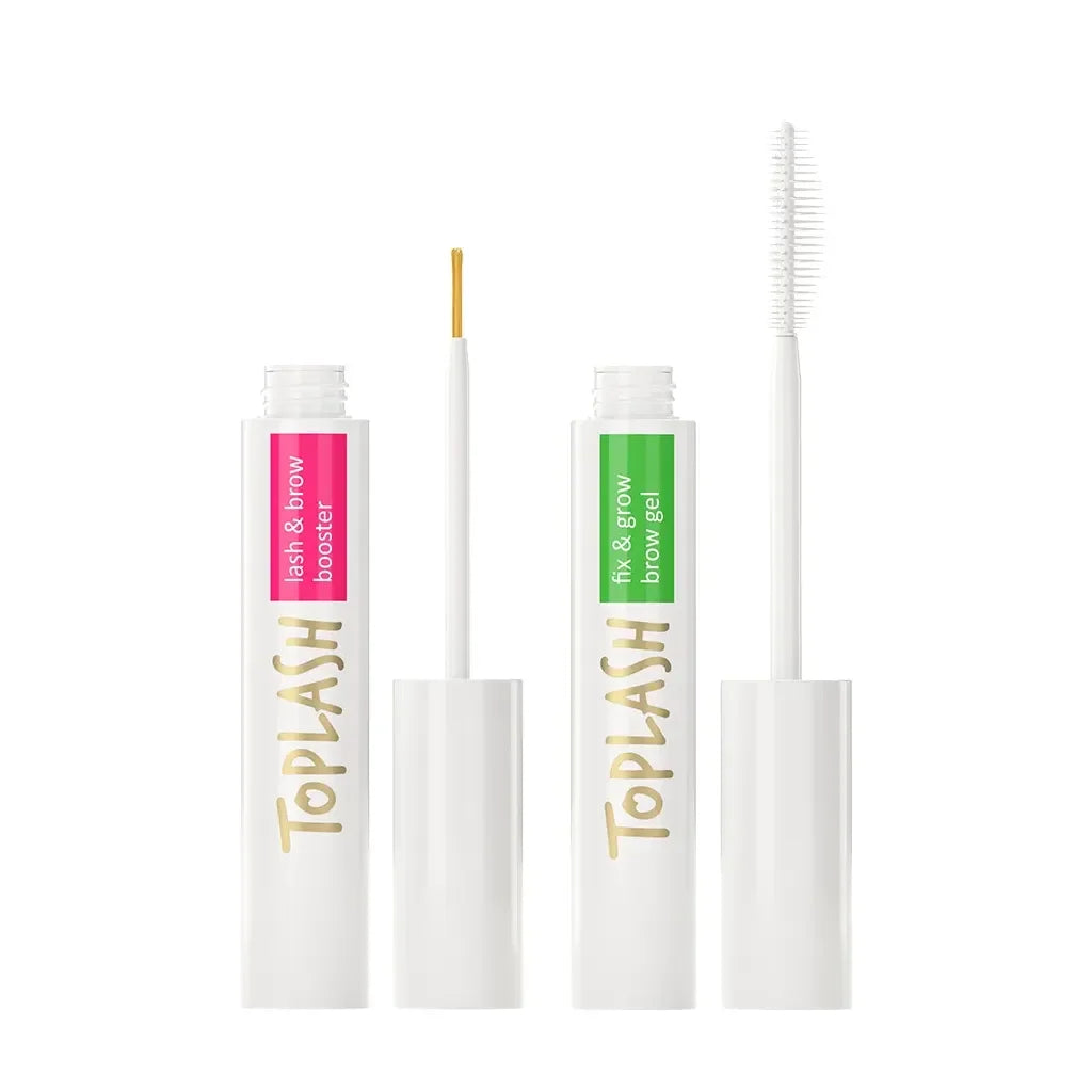 Toplash brow serum next to Toplash Fix & Grow Brow Gel for a daily brow routine